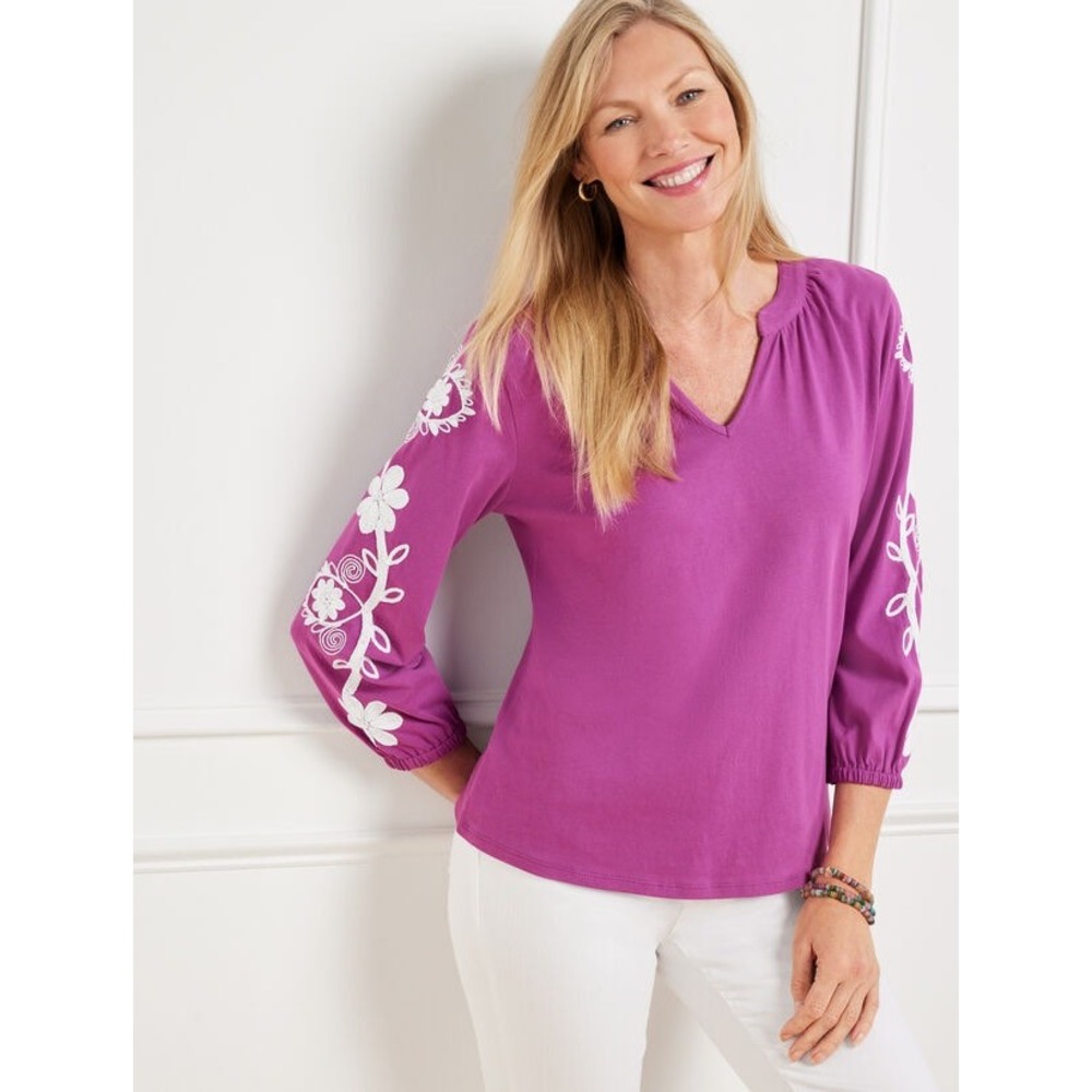 Talbots Floral Embroidered Split Neck Top Size LP Purple Preppy Cottage Boho